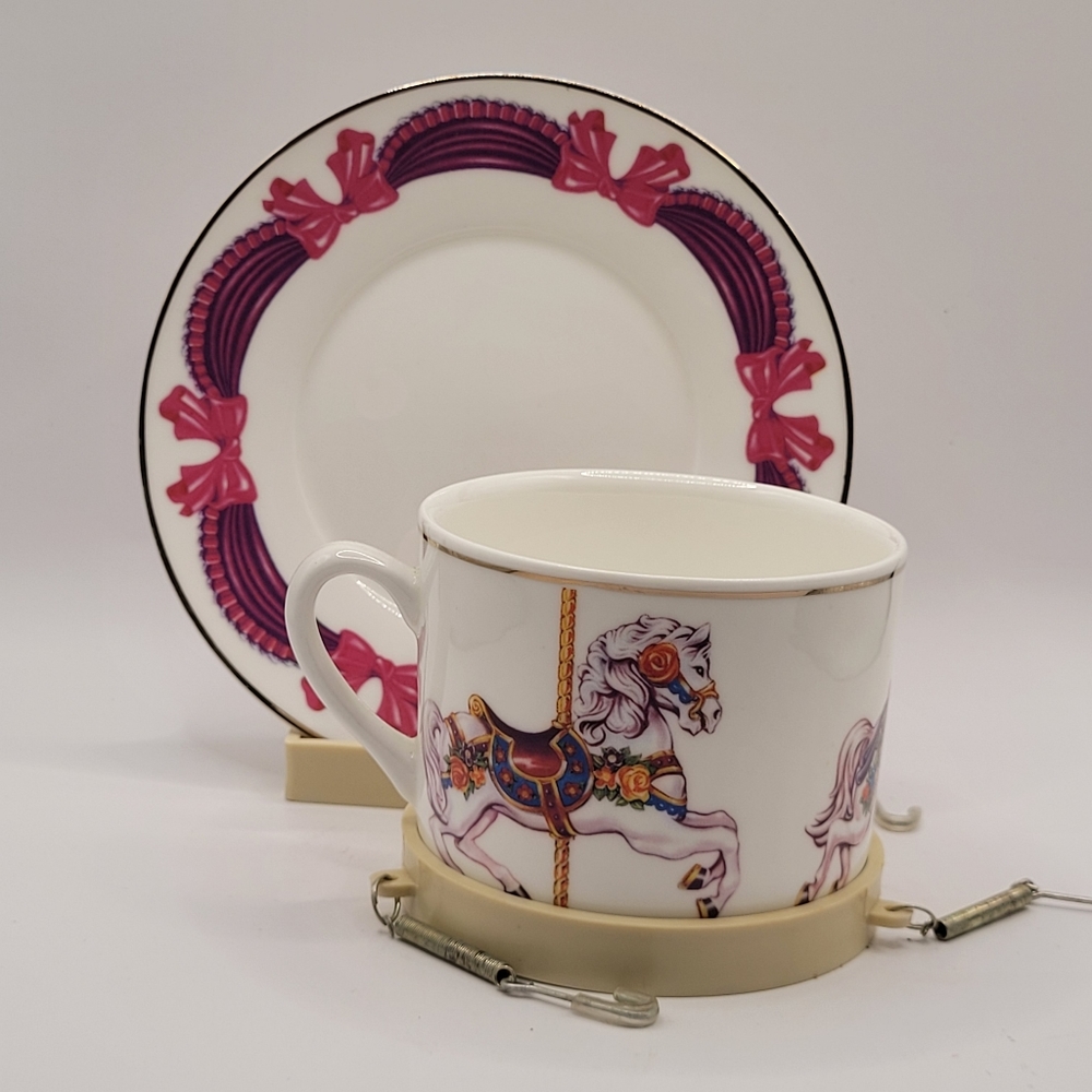 Vintage Teleflora Gift Carousel Horse Cup & Saucer Set with Original Display